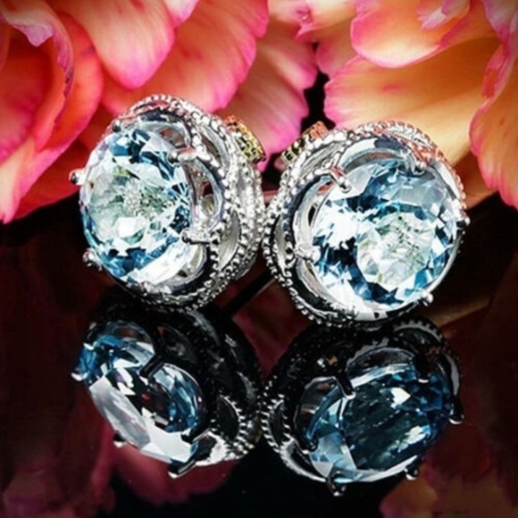 925 Silver Aquamarine Flower Stud Earrings, wonderful Earrings, wow Earrings - Picture 1 of 3
